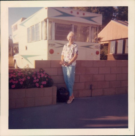 Mrs. Houl in front of the Kamp King Koach on Guemes Island