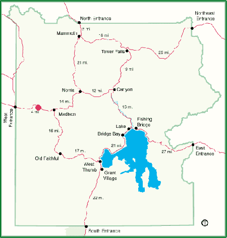 The red dot indicates where we saw the bears in Yellowstone.